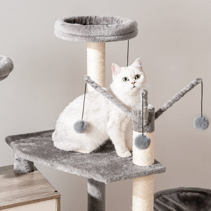 HOOBRO Cat Tree with litter box cabinet, cat tree tower, All-in-One cat furniture for indoors, hidden cat toilet furniture, 132 cm, detachable plush ball rods, Greige EBG14MZ03