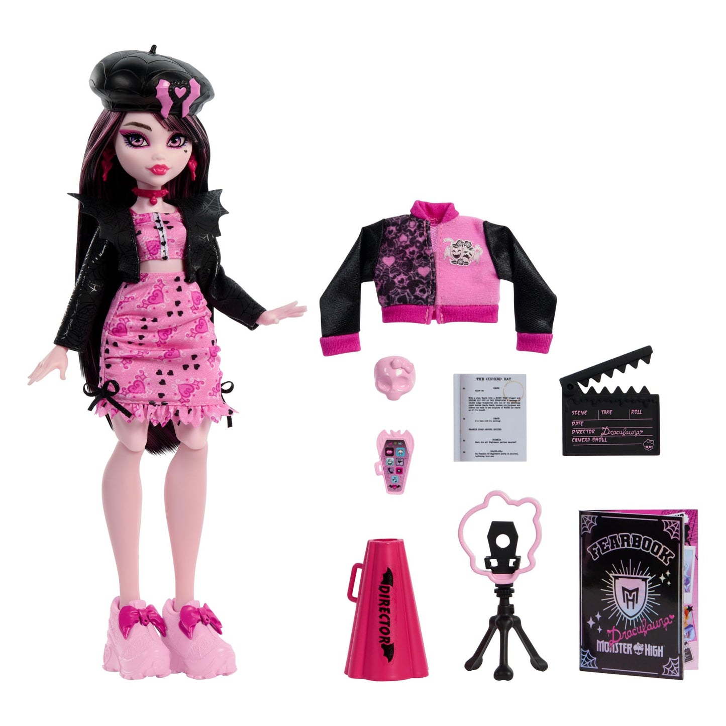 Monster High Fearbook Draculaura set with doll and accessories featuring a film club theme, varsity jacket, yearbook, screenplay, and movie props.