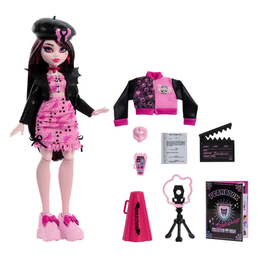 Monster High Fearbook Draculaura set with doll and accessories featuring a film club theme, varsity jacket, yearbook, screenplay, and movie props.