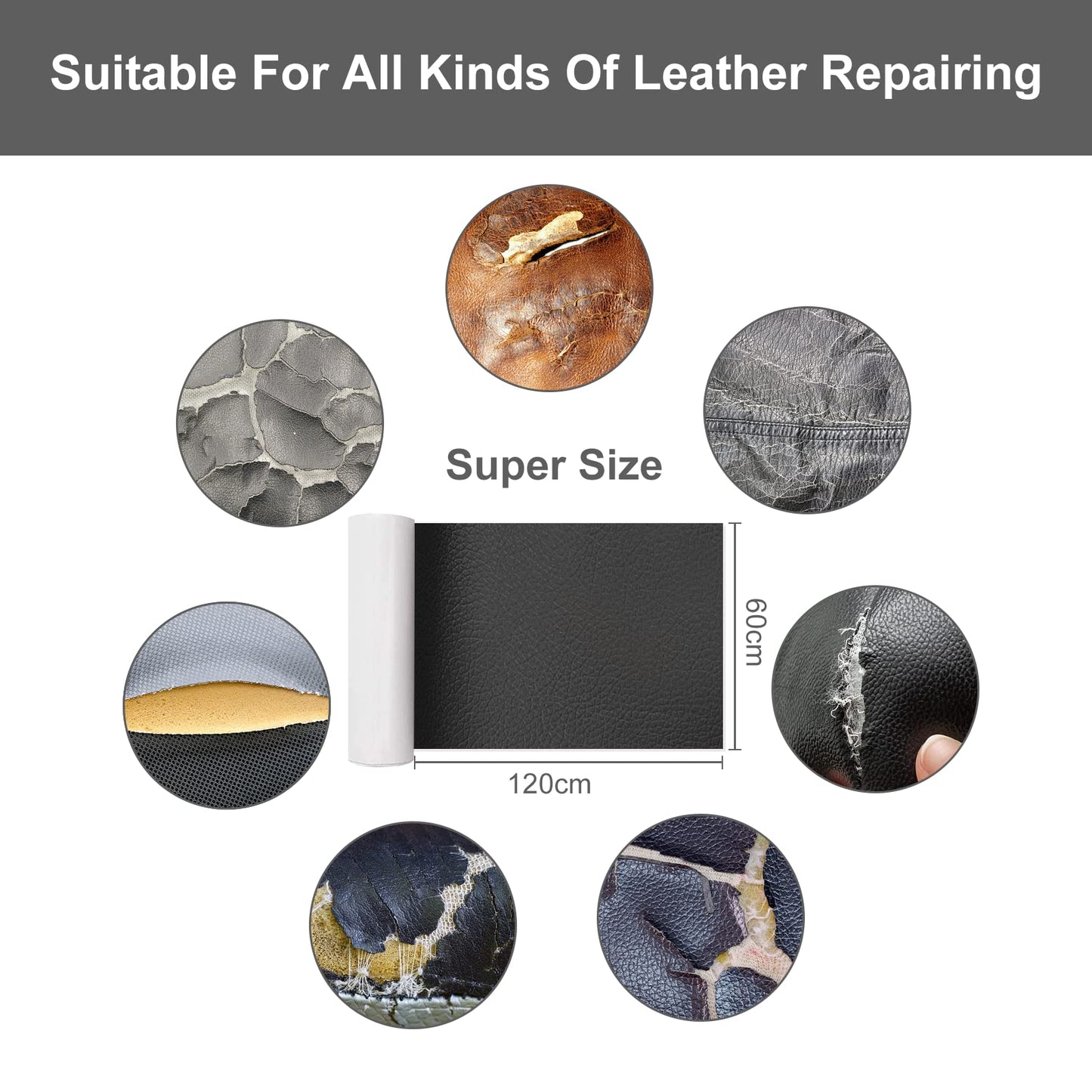 Artificial Leather Self-Adhesive Leather Repair Kit, 60 x 300 cm Leather Patches Self-Adhesive Leather Repair Patch, for Sofas, Car Seats, Office Chairs, Headboards, Handbags, Jackets, Black.