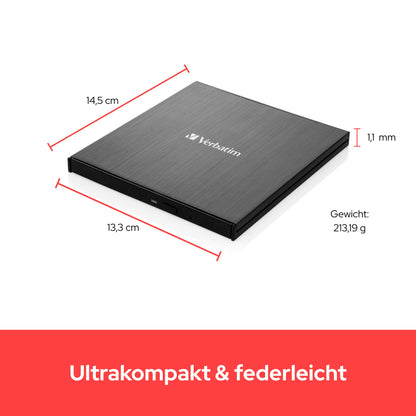 Verbatim External Slimline Blu-ray Writer with USB 3.2 cable, external DVD and Blu-ray burner, perfect for notebooks and computers without a drive, Blu-ray player & DVD drive for playback in Ultra HD 4K.