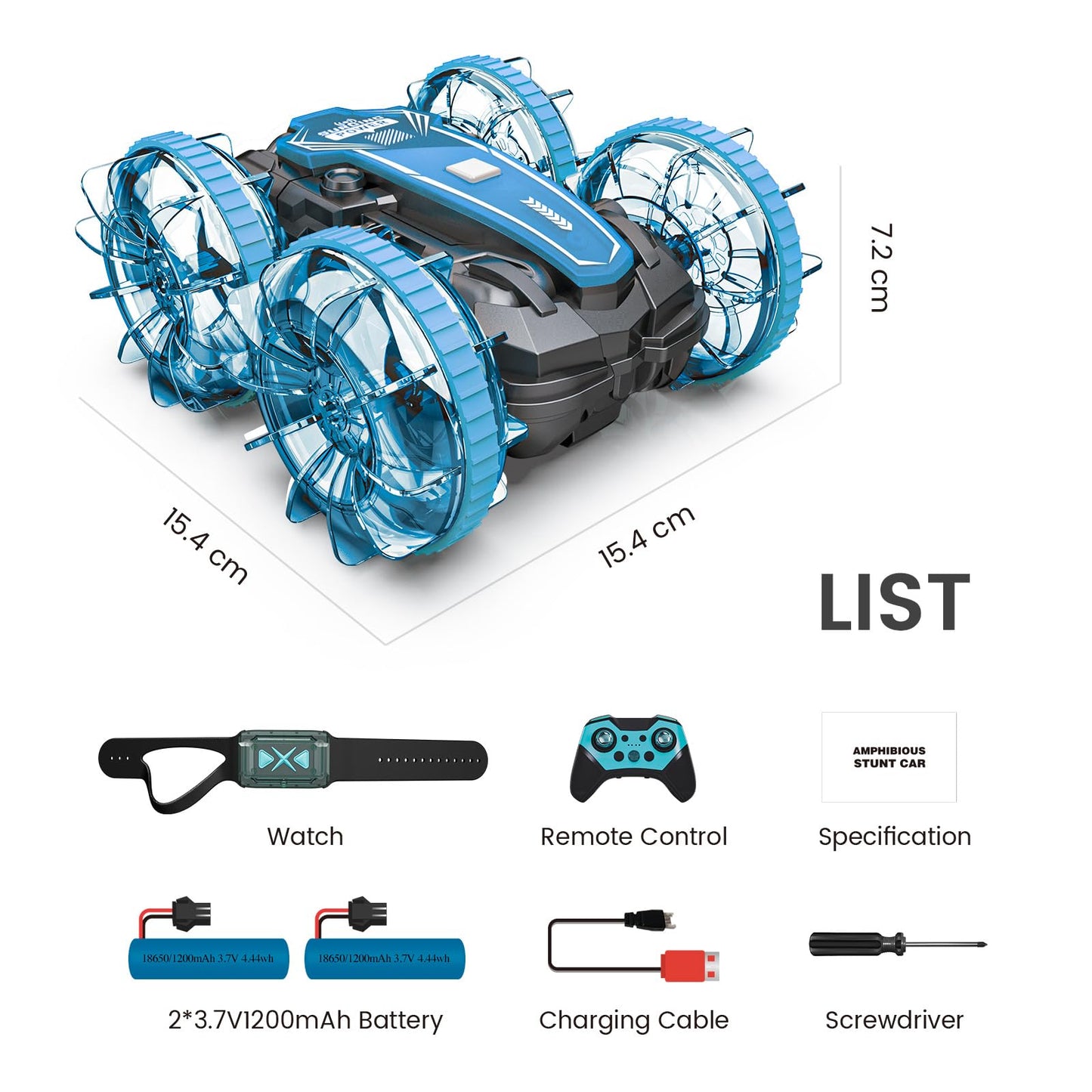 Tecnock Amphibious Remote Control Car, 4WD 360° Rotating Gesture Sensor Stunt RC Car with Lights, Remote Control Boat with Waterproof Remote, Gifts Toy for 3-8+ Years (with Watch)