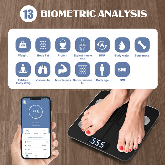EEBBL Body Fat Scale Digital Bathroom Scales Bluetooth Body Analyzer Scale with App. The measurements can be synchronized with Apple iPad Samsung Health, Fitbit, Apple Health, and Google Fit. Black.