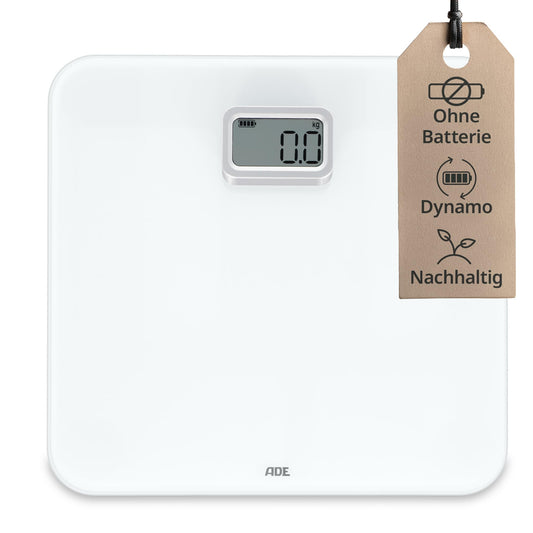 ADE Digital Personal Scale without Batteries | Environmentally friendly battery-free scale with dynamo | Sustainable body weight scale | up to 150kg | White