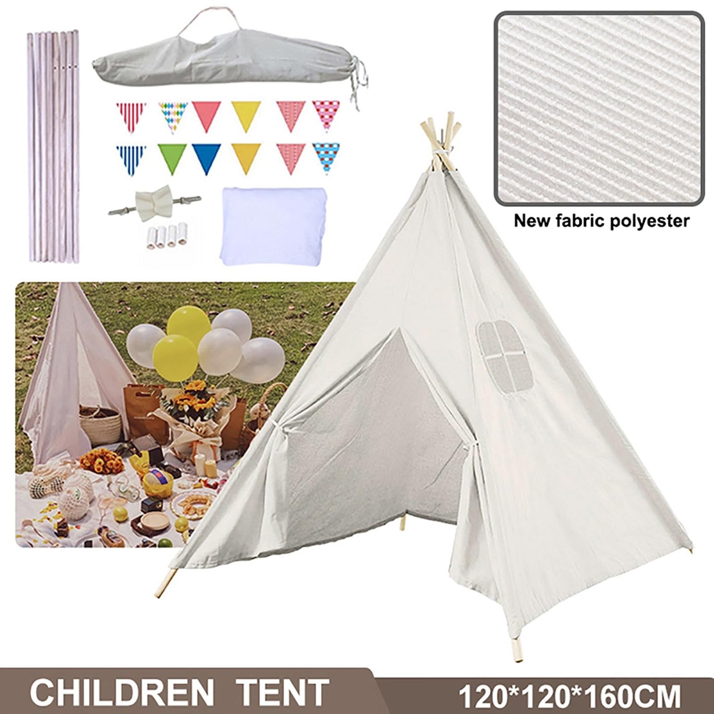 Lifemaison Kids Teepee Play Tent Polyester 120x120x130cm, Children's Tent White Kids Teepee in Montessori style Polyester and wood frame, Teepee Tent for Kids, Polyester Teepee Kids Tent for Outdoor and Indoor