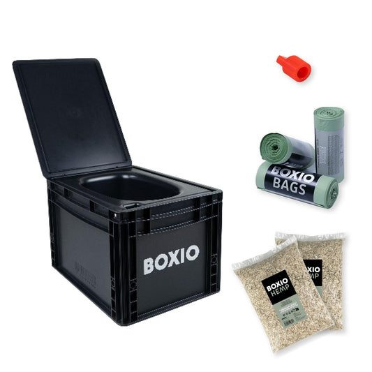 BOXIO - Toilet Plus: Camping toilet starter kit with hemp, plug & bags, mobile composting toilet without chemicals for camping, van, outdoor, roof tent: Toilet on Eurobox basis without power for on the go.