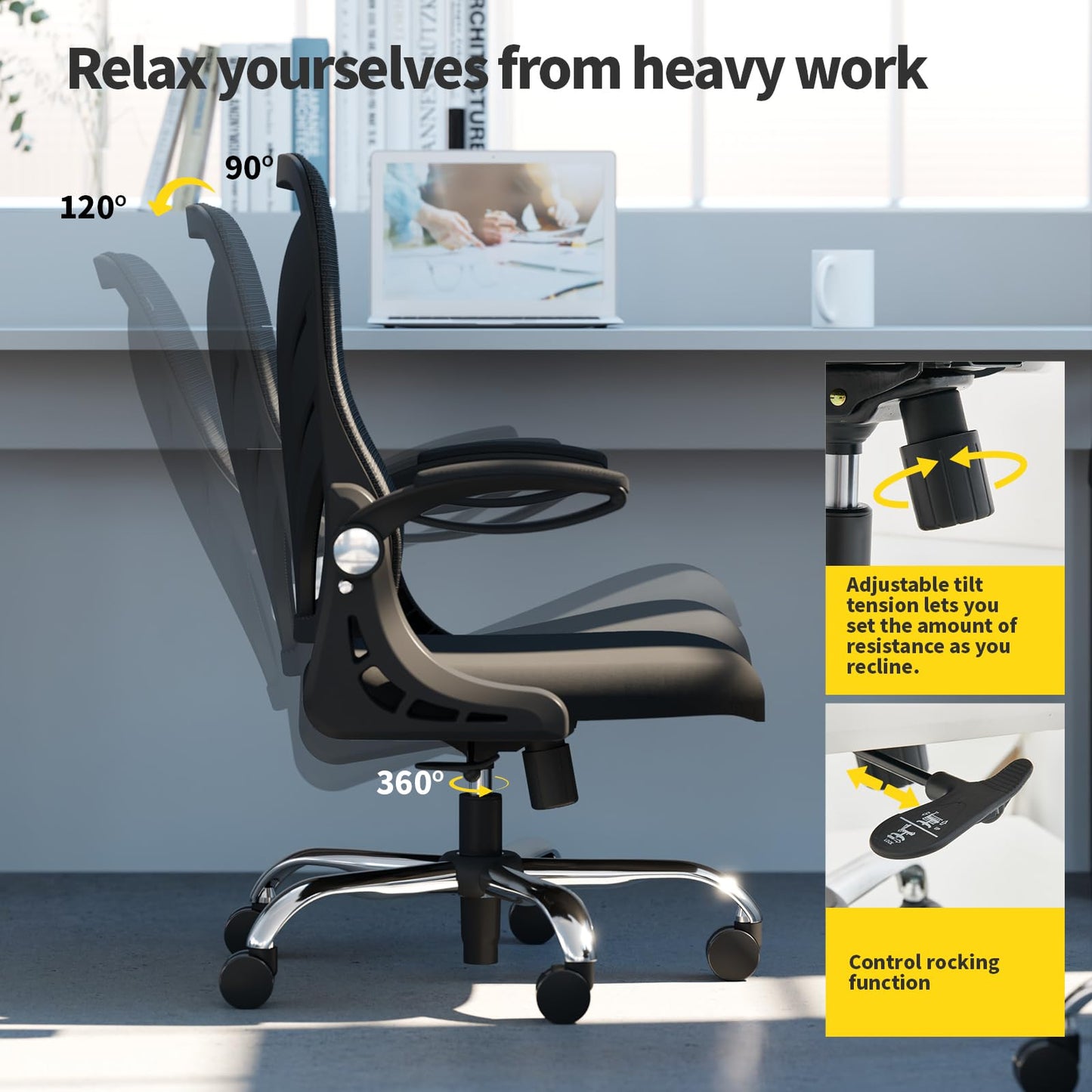 HOLLUDLE Ergonomic Office Chair with Folding Backrest, Desk Chair with Extended Seat (52 cm), Flip-up Armrests and Mesh Lumbar Support Swivel Computer Chair, Black