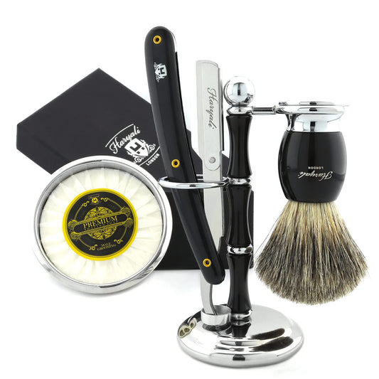 Haryali London Straight Razor Set - Vegan Shaving Brush - Straight Razor - Strop, Polishing Paste, Nose Hair Scissors - 5-piece Wooden Shaving Brush Set including Gift Box