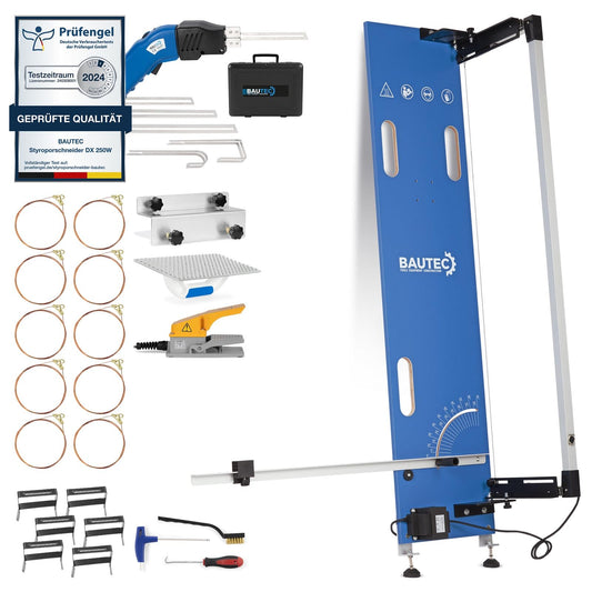 BAUTEC Styrofoam Cutter GAZELLE 2.1 (200W) » Tabletop device with stand feet + STYROCUTTER 250W in carrying case » Professional set: 10 cutting wires, grinding rasp, 6 Styrogrips » Cutting length 1,300mm