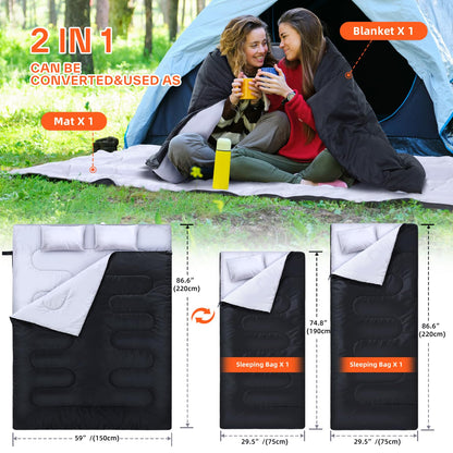 Ohuhu Thick Double Sleeping Bag, Adult Double Sleeping Bag 3.5kg with 220 x 150cm, 2 Free Pillows and a Carrying Bag, Four Double Zippers, Comfortable Temperature: -5 °C ~ 10 °C for Camping, Black