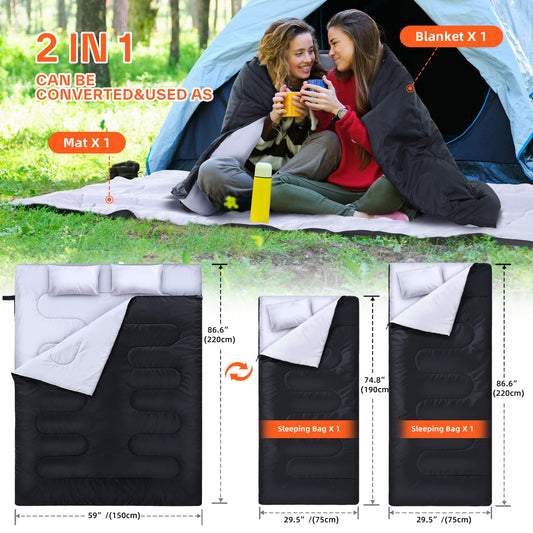 Ohuhu Thick Double Sleeping Bag, Adult Double Sleeping Bag 3.5kg with 220 x 150cm, 2 Free Pillows and a Carrying Bag, Four Double Zippers, Comfortable Temperature: -5 °C ~ 10 °C for Camping, Black