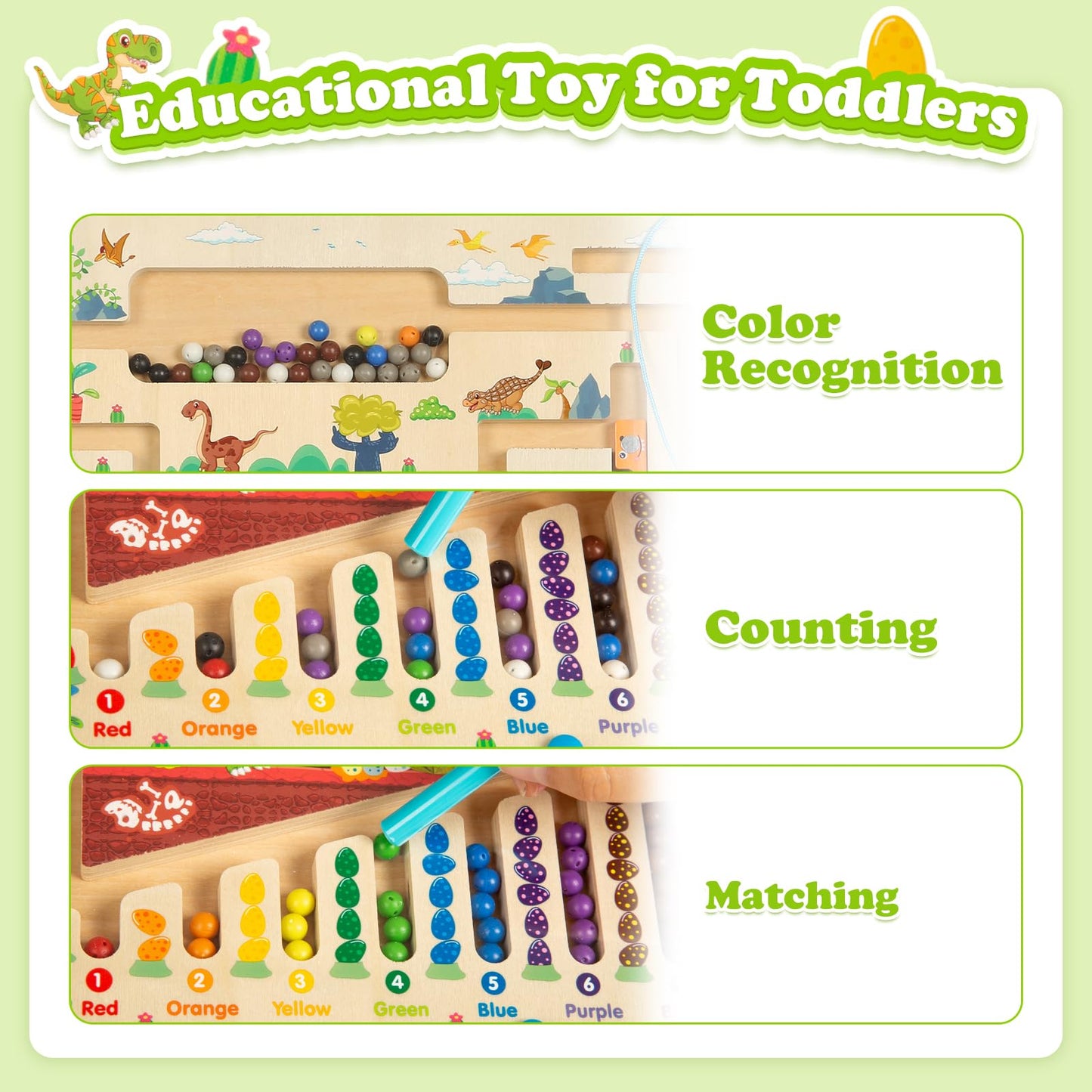 Smartwo Montessori toy Magnetic Labyrinth game for 3, 4, 5 year olds. Magnetic children's toy for 3 year old boys. Colors & numbers learning toy, wooden toy with dinosaur theme. Birthday gift.