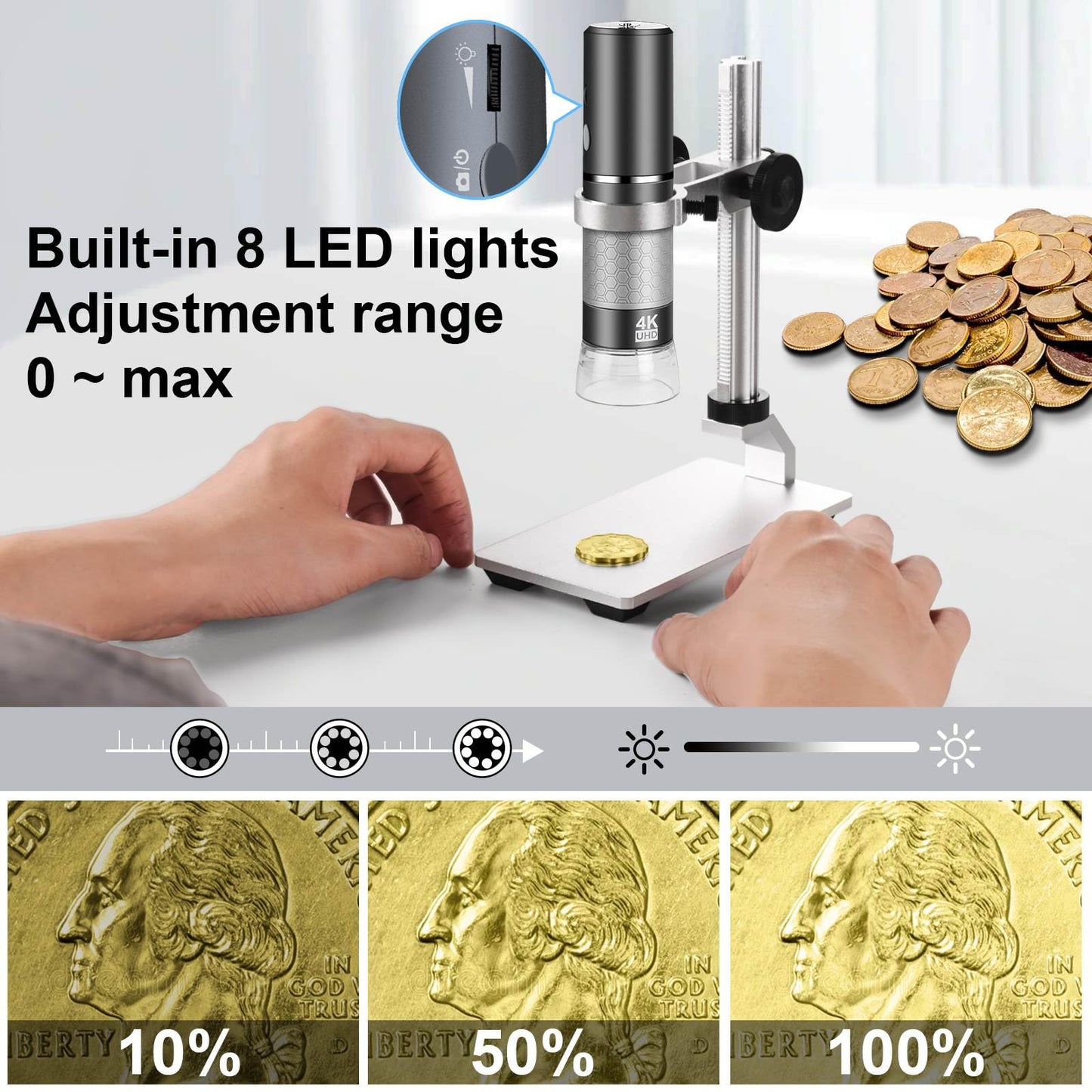 Ninyoon 4K WiFi microscope with professional stand for iPhone, Android, PC. 50-1000X digital USB microscope wireless HD camera for all mobile phones, iPad, Android tablet, Windows, Mac, Chrome, Linux.