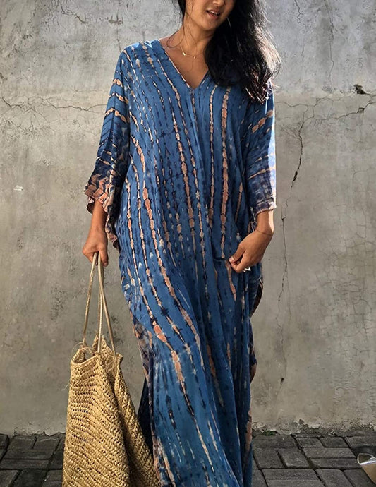 QUNERY Women's Beach Dress Elegant Long Bikini Cover Ups Beach Poncho Print Loose Kaftan Smock Summer Maxi Dress (Brown)