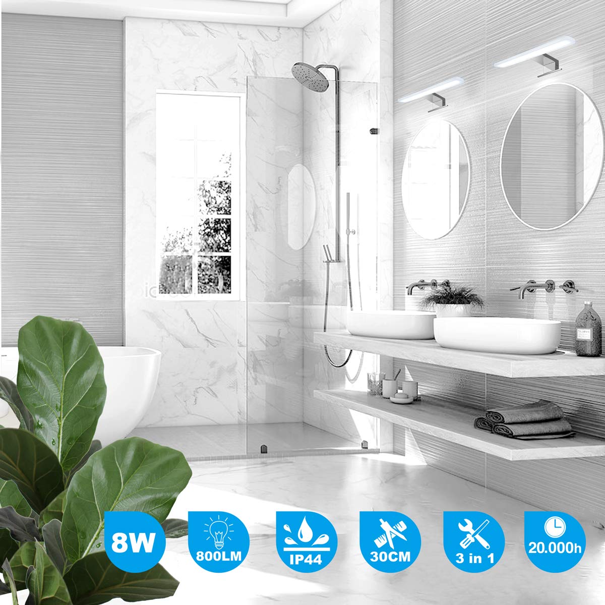 YIQAN LED Makeup Mirror Light 3000K Warm White 30cm 8W 640lm Bathroom Cabinet Lighting LED Mirror Light