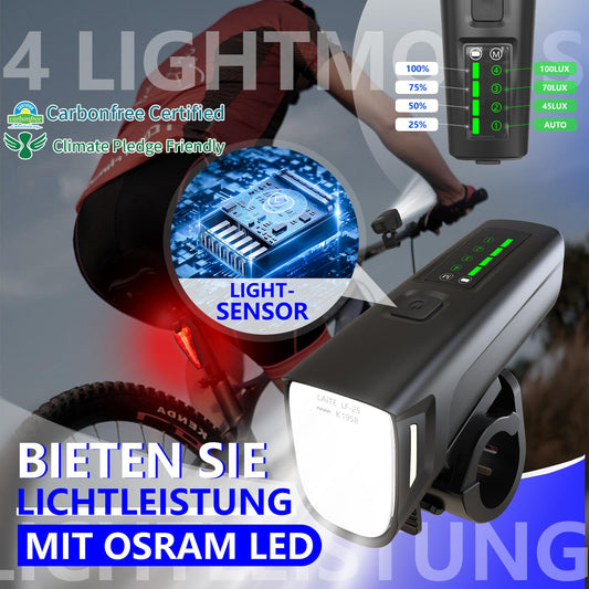 FORTRY bike light set, StVZO certified bicycle lighting, USB Type C rechargeable bike lights LED set, IPX5 waterproof front and rear bike lights (100 LUX with LightSense).
