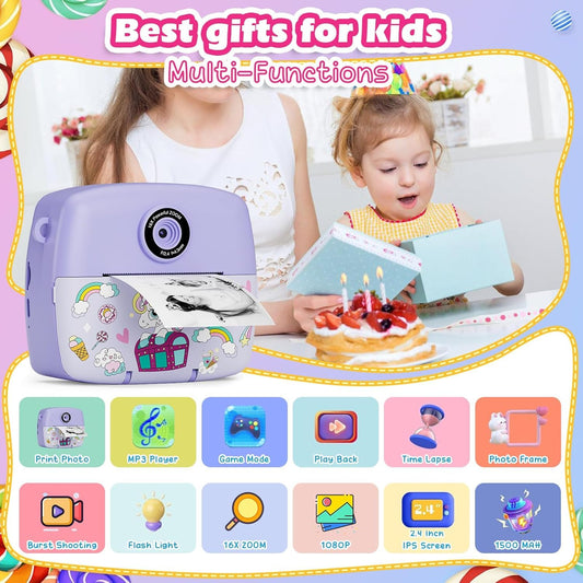 Instant Camera for Kids, Kids Camera Compact Cameras 1080P HD Instant Printing of Photos, Birthday Gift Christmas Gift Toy for 3 4 5 6 7 8 9 10 11 Year Old Girls Boys 3 Rolls of Photo Paper