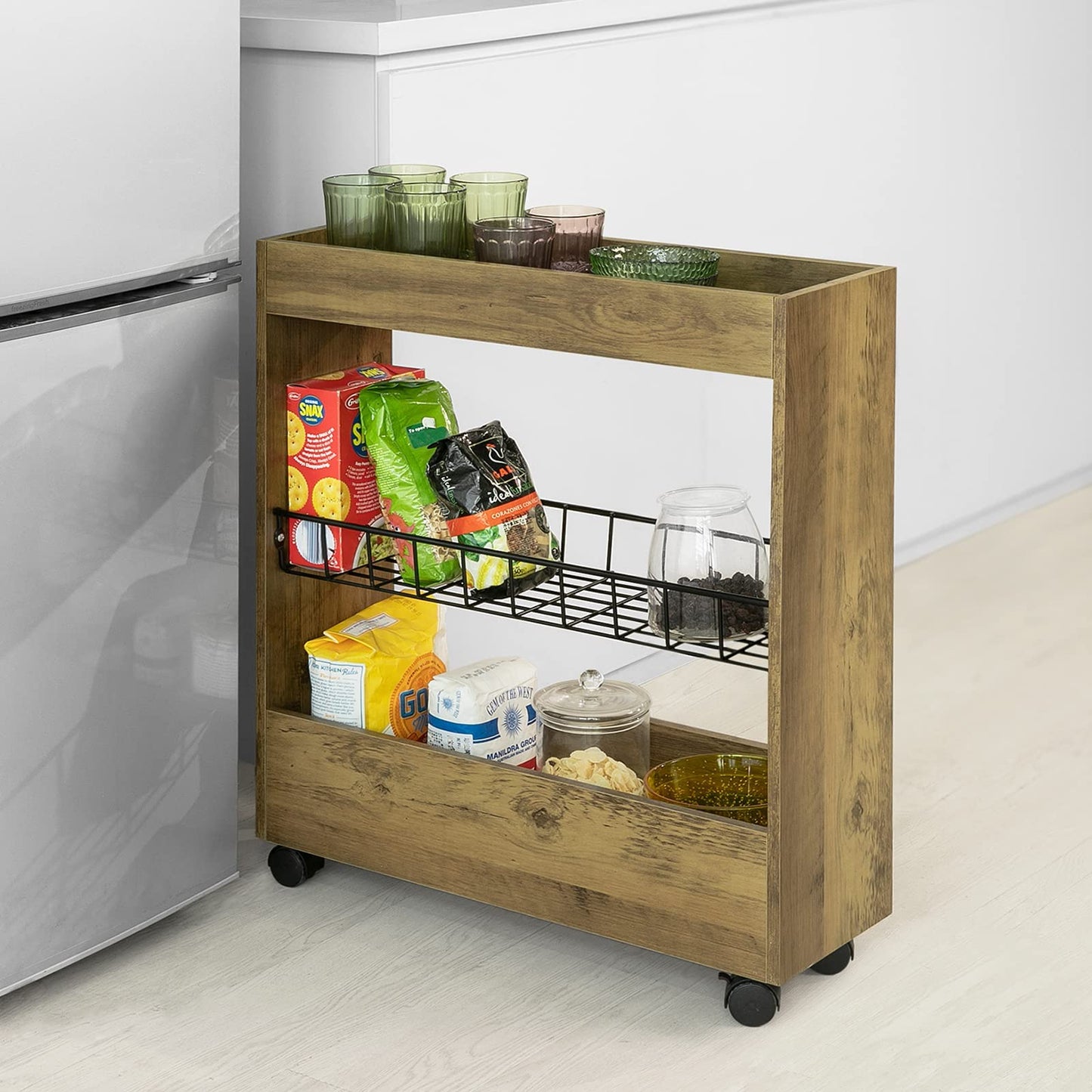 SoBuy BZR46-N Niche shelf with 3 levels Kitchen shelf with wheels Bathroom trolley Bathroom shelf Niche cart Organisation trolley Slim shelf Bathroom furniture Vintage Dimensions approx.: 20x70x60cm
