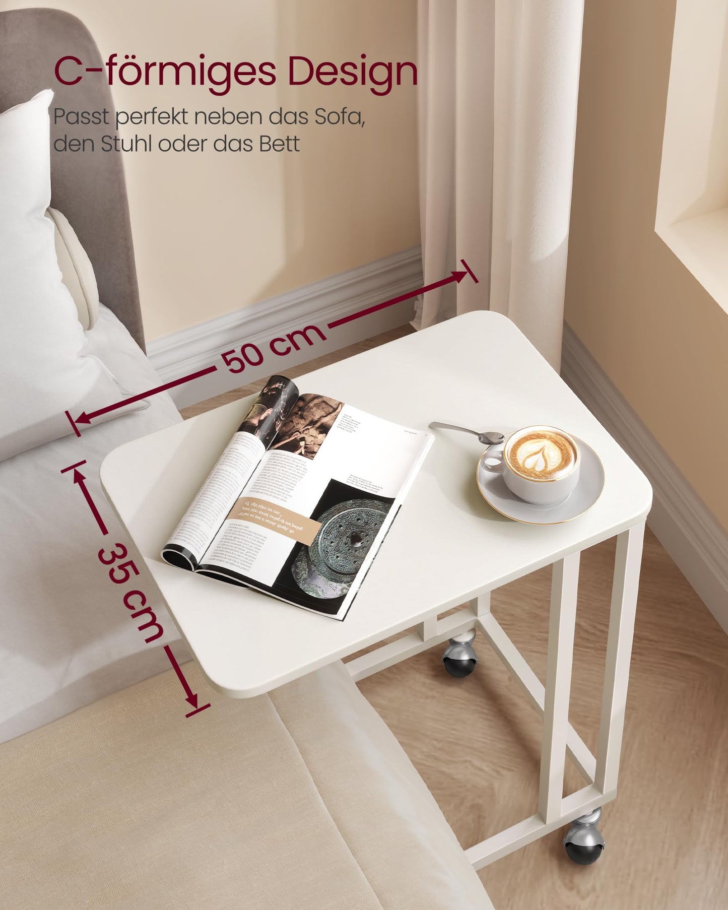 VASAGLE Side Table, C-Shaped Sofa Table with Wheels, Mobile Coffee Table, 35 x 50 x 60 cm, Living Room Table with Metal Frame, for Coffee and Laptop, Modern, Cream White LNT050W77