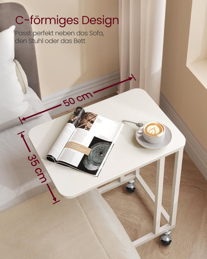 VASAGLE Side Table, C-Shaped Sofa Table with Wheels, Mobile Coffee Table, 35 x 50 x 60 cm, Living Room Table with Metal Frame, for Coffee and Laptop, Modern, Cream White LNT050W77