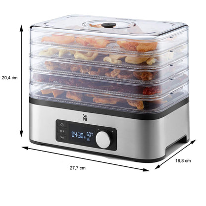 WMF Kitchen Minis stainless steel food dehydrator with 5 trays, 30-70°C temperature range, 24h timer, fruit dryer, dehydrator, 2 boxes, granola bar molds, BPA-free.