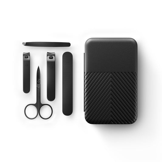 MANSCAPED® Shears 3.0, 5-piece travel nail care set for men, stainless steel manicure set with fingernail and toenail clippers, nail file, slant-tip tweezers, cuticle scissors, travel case.