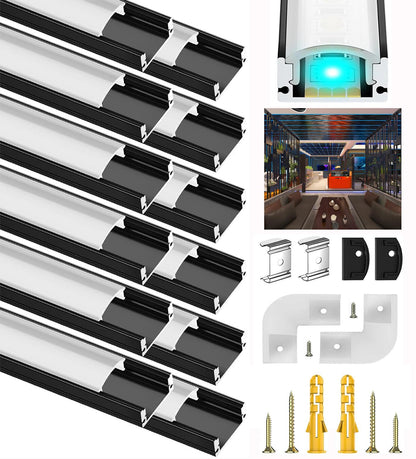 LED Aluminum Profile Black, 12X1M Strip Profile Rail V Shape Channel for 12mm LED Strips, Stripes Aluminum Profile Corner Profile Bar Diffuser Channels with Milky White Cover and 90 Degree Corner Connectors