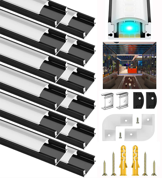 LED Aluminum Profile Black, 12X1M Strip Profile Rail V Shape Channel for 12mm LED Strips, Stripes Aluminum Profile Corner Profile Bar Diffuser Channels with Milky White Cover and 90 Degree Corner Connectors
