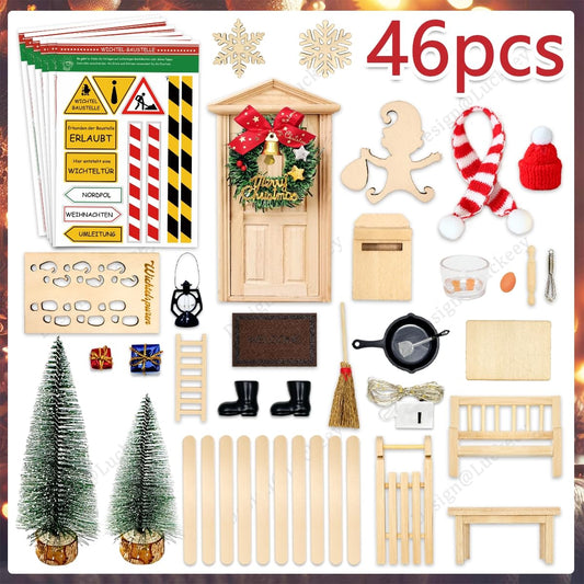 Elf door set - 46 PCS elf accessories with light, elf construction site accessories, elf door complete set with baking set, interactive card advent calendar, DIY gift for children.