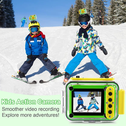 GKTZ kids camera waterproof, 180° rotatable digital action camera for kids, birthday gift toy for children ages 3-12 boys and girls, underwater camera with 32GB SD card, green