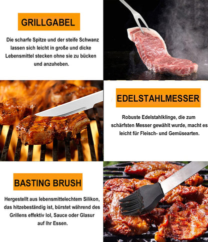 BBQ Grill Tool Set, Men's Grill Accessories Gift, Stainless Steel Grill Case Set of 20, Grill Accessories with tongs, spatula, and apron, Ideal BBQ Set for Outdoor and Camping.