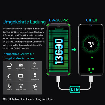 Blackview BV6200 Pro 13000mAh rugged phone without contract Android 14.18GB+128GB Waterproof outdoor smartphone with 98dB speaker, Helio P35 2.3Ghz, 6.56" HD+ display, dual 4G/OTG/GPS/13MP/NFC.