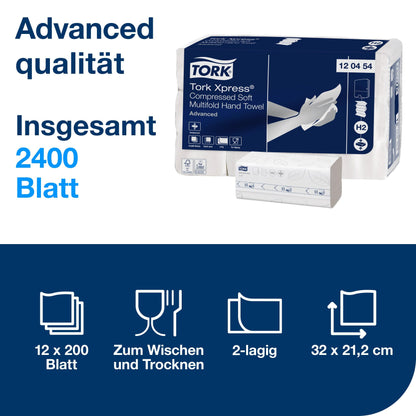 Tork Xpress Compressed Soft Multifold Paper Towels White H2, Advanced, 2-Ply, M-Fold Large, 12 x 200 Cloths, 120454