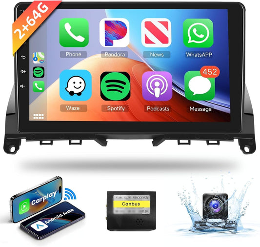 2+64G Podofo 9" Car Stereo for Mercedes C-Class W204 S204 2007-2014 Android 13 Carplay Wireless HI FI Bluetooth with Touchscreen Navi Bluetooth RDS/FM Radio DVR+AHD Backup Camera
