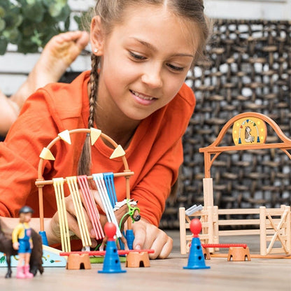Farm World Pony Agility Starter Set 42481 includes 2 ponies, girl, course & accessories. Combine & kid-friendly designed. Farm toy for kids 3+ years. 41 pieces.