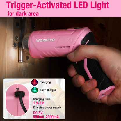WORKPRO 18-piece pink tool set with USB C cordless screwdriver, small pink toolbox filled with household essentials, tool kit for DIY enthusiasts, children, crafting.
