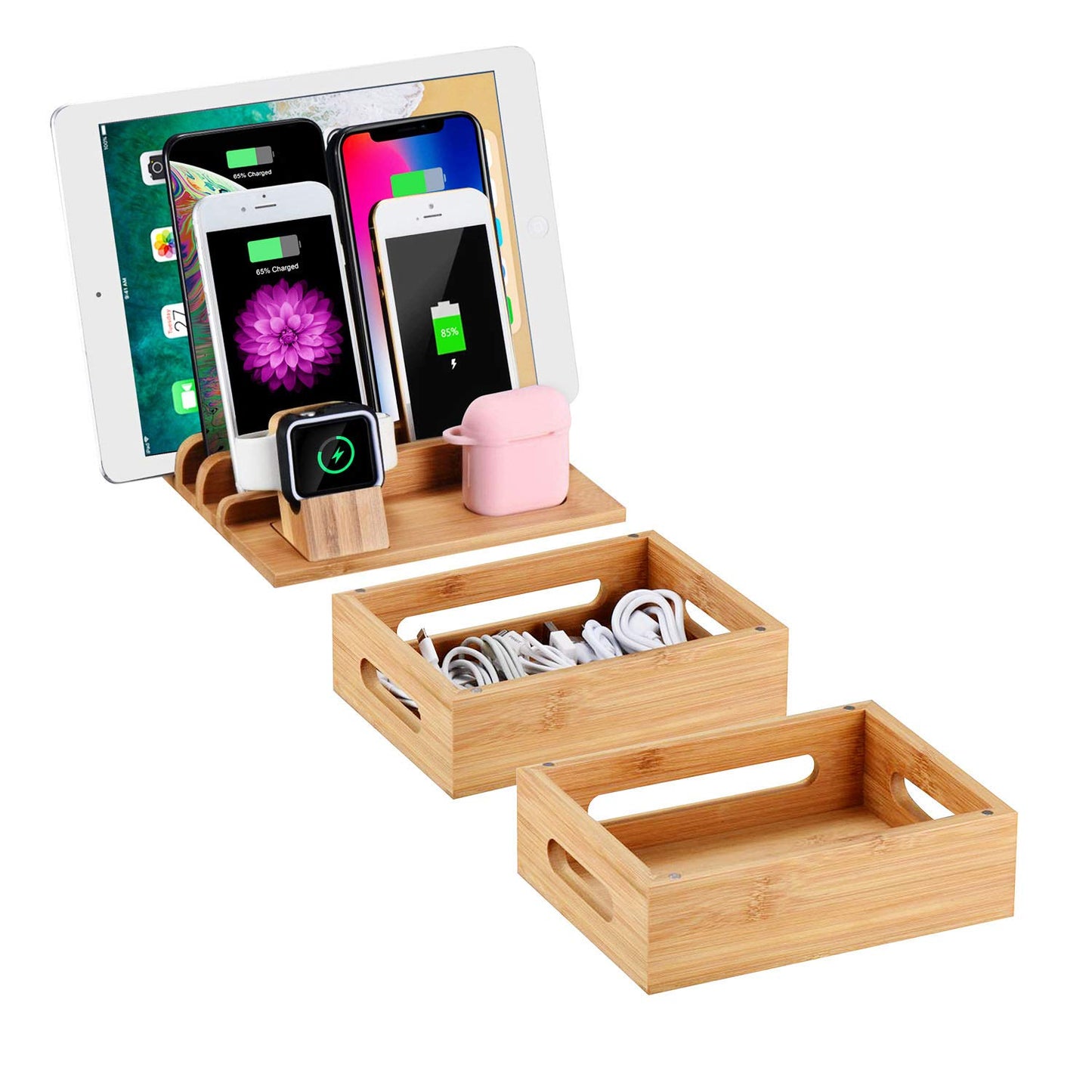 SETROVIC Bamboo Charging Station Docking Holder, Desktop Organizer for multiple device docks. Compatible with accessories for phone/tablet/Apple Watch/AirPods.
