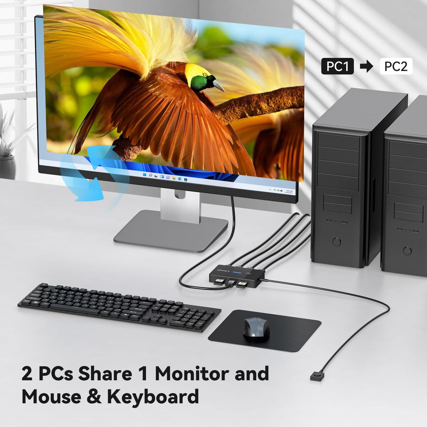 AILVLVNG HDMI KVM Switch allows 2 PCs to share 1 monitor at 4K@60Hz resolution. Comes with desktop controller and 2 USB cables for easy plug and play setup. Share a monitor and keyboard/mouse between two computers.