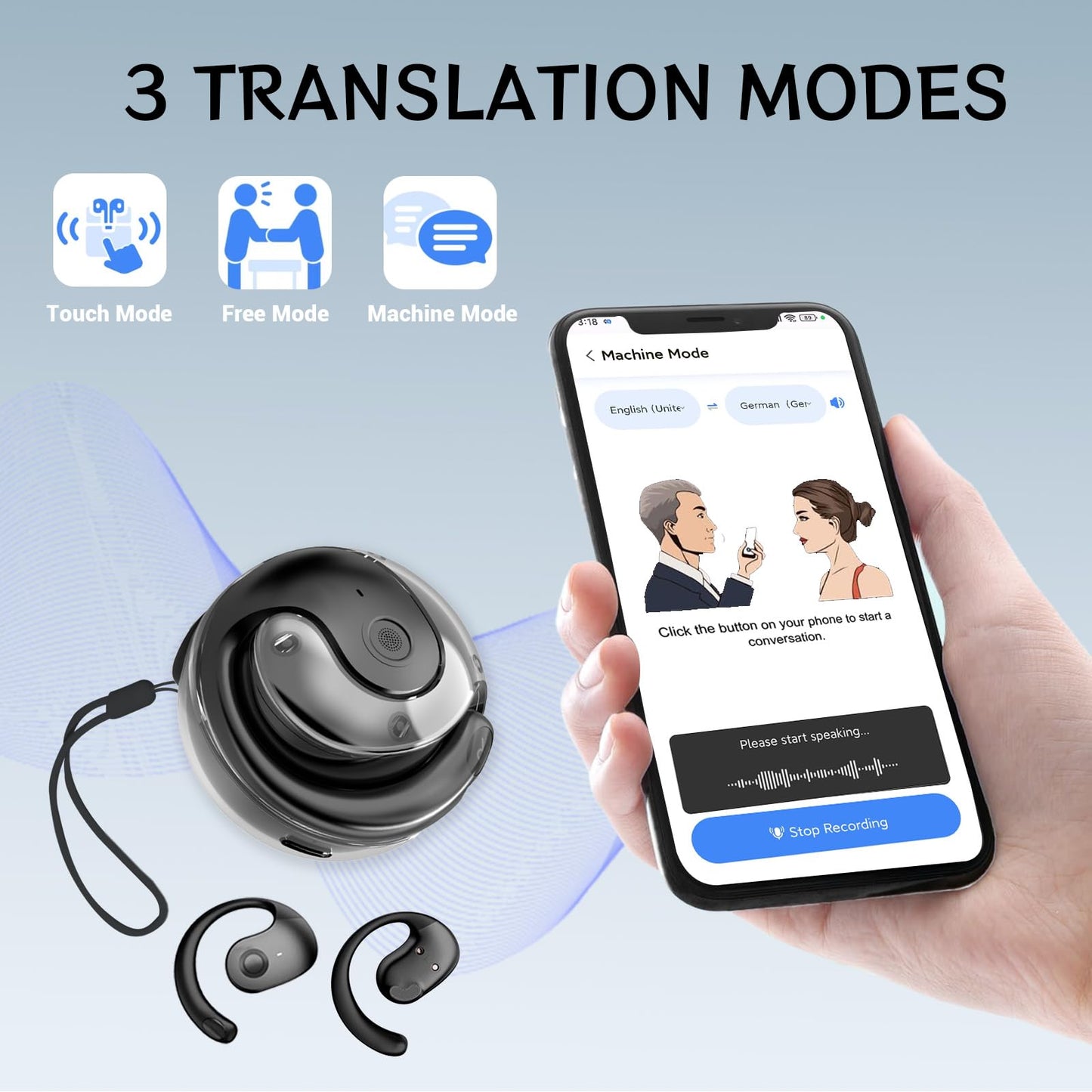 AI Headphone Translator - Enhanced language translation headphones in real time with app, Bluetooth 5.4 translator headphones, 3 translation modes real-time translator earphones for travel learning.
