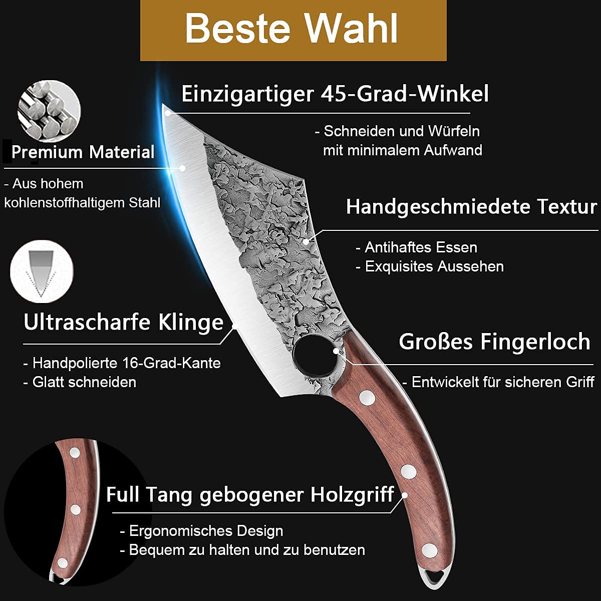 Dream Reach Hack Knife with Wooden Handle, Sharp Boning Knife Chef Knife Professional Hand-Forged Full Tang Butcher Knife with Leather Sheath Butcher's Axe for Kitchen Grill Outing Full Tang