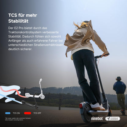 Segway-Ninebot E2 Pro D, street-legal e-scooter for adults, max. 20 km/h speed, 35 km range, anti-slip traction control system.