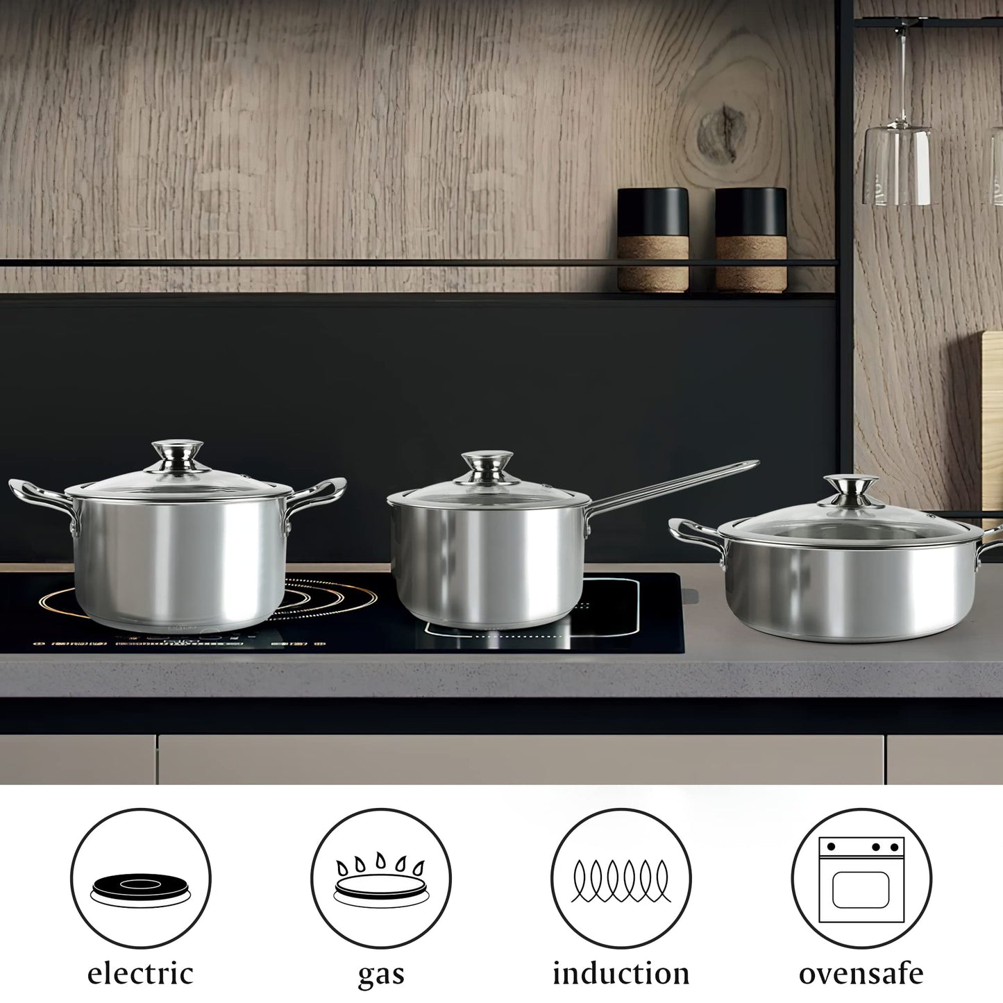 Wodillo Stainless Steel Cookware Set, 6-piece pot set with glass lids and cool-touch handles, suitable for all stovetops & oven safe, non-coated cookware set (Silver)