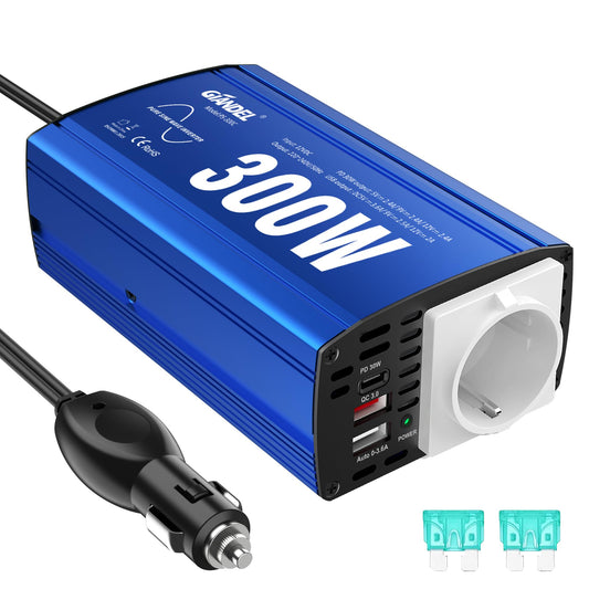 GIANDEL 300W Pure Sine Wave Power Inverter Voltage Converter 12V DC 230V AC Car Adapter with PD30W Type-C and QC 3.0 Type-A USB and Socket For Tablets Laptops Smartphones