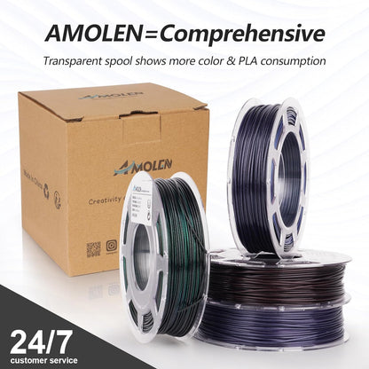 AMOLEN PLA 3D printer filament – 1.75mm silky bundle, black, red, blue, purple, green – 200g x 4 spools