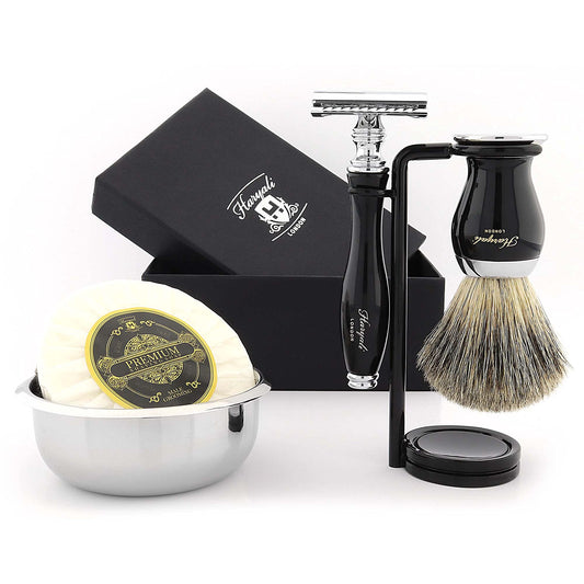 Haryali London 5-piece shaving set, double-edge razor, black badger brush, soap, bowl, stand, set as a gift.