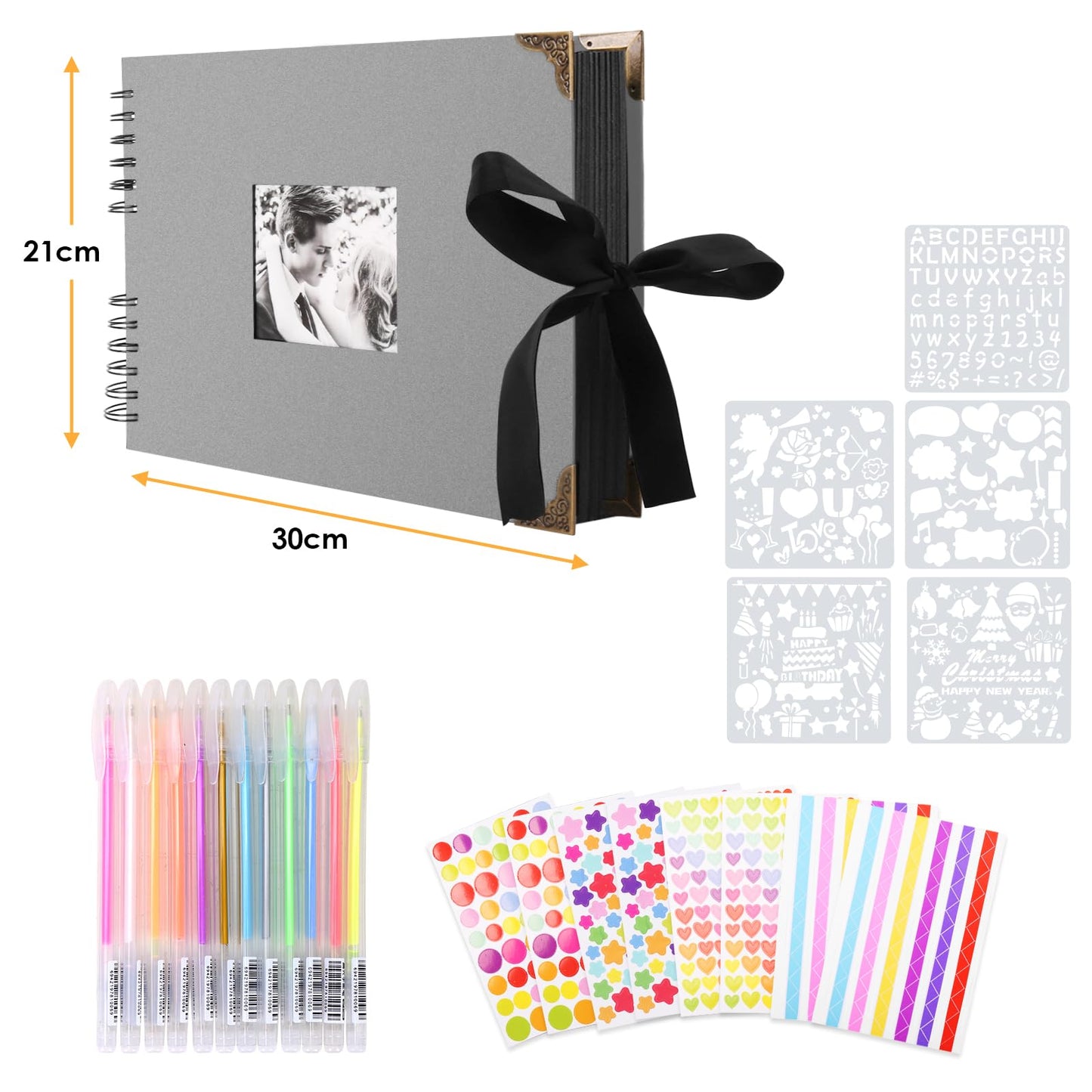 Photo album for self-design, scrapbook with 80 black pages for pasting photos, DIY gift scrapbooking set for baby family anniversary birthday valentine's day wedding with protective cones gray.