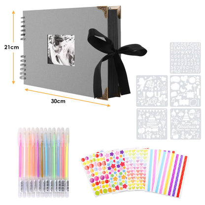 Photo album for self-design, scrapbook with 80 black pages for pasting photos, DIY gift scrapbooking set for baby family anniversary birthday valentine's day wedding with protective cones gray.