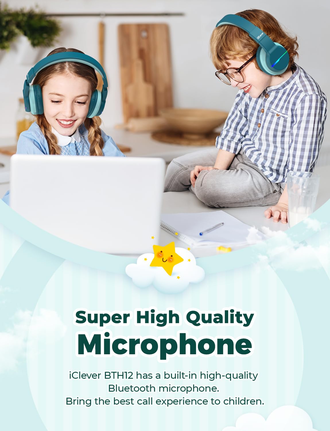 iClever Bluetooth kids headphones, colorful LED lights, over-ear design with 74/85dBA volume limiter, 85 hours of playtime, Bluetooth 5.2, built-in microphone BTH12.