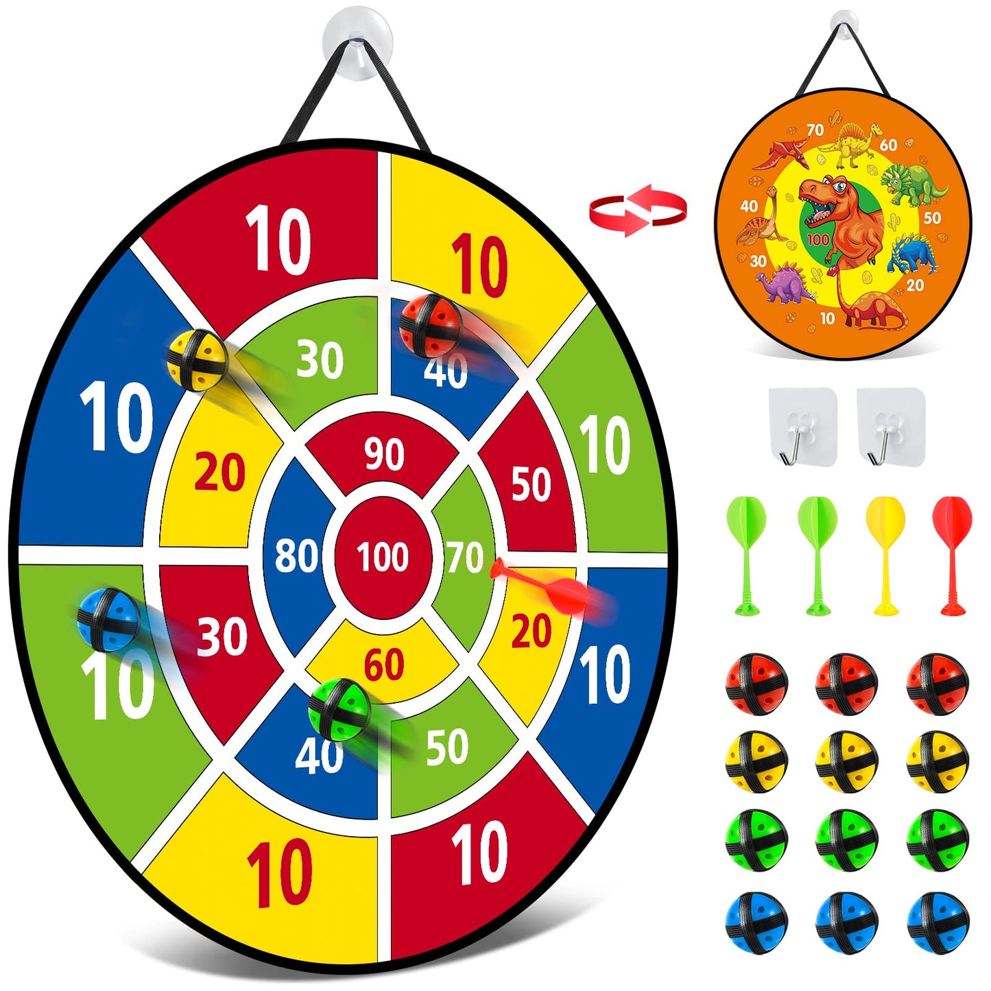 Children's dart board - 26 inches, Montessori toy with dinosaur theme dart board with 12 balls board games toy, two-sided safe game gift outdoor indoor game choice, 66cm