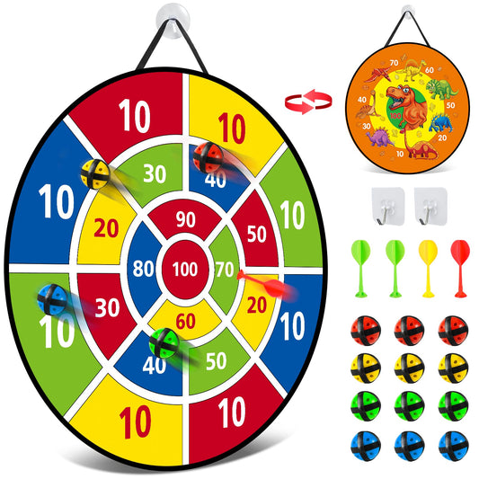 Children's dart board - 26 inches, Montessori toy with dinosaur theme dart board with 12 balls board games toy, two-sided safe game gift outdoor indoor game choice, 66cm